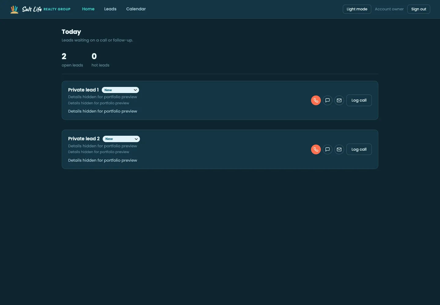 Salt Life Realty CRM lead dashboard, private details hidden